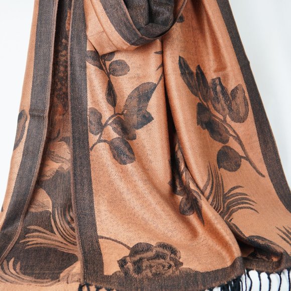 Coffee Black Floral Silk Pashmina Scarves for women Long Shawls Women Head Wraps - Picture 4 of 5
